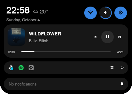 The expanded pill: clock, date and weather, Wi-Fi, volume and Bluetooth buttons, a media card with transport controls, the tray and an empty notification history.