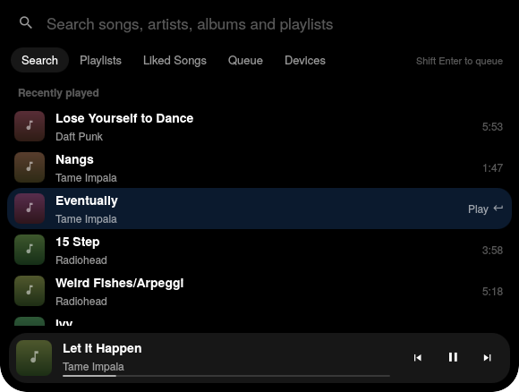 Screenshot of Isla's Spotify browser: a search field, tabs for search, playlists, liked songs, queue and devices, a list of recently played tracks with one selected, and a mini player at the bottom.
