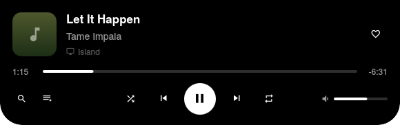 The Spotify player inside the pill with track title, artist, playback device, progress, transport and volume.